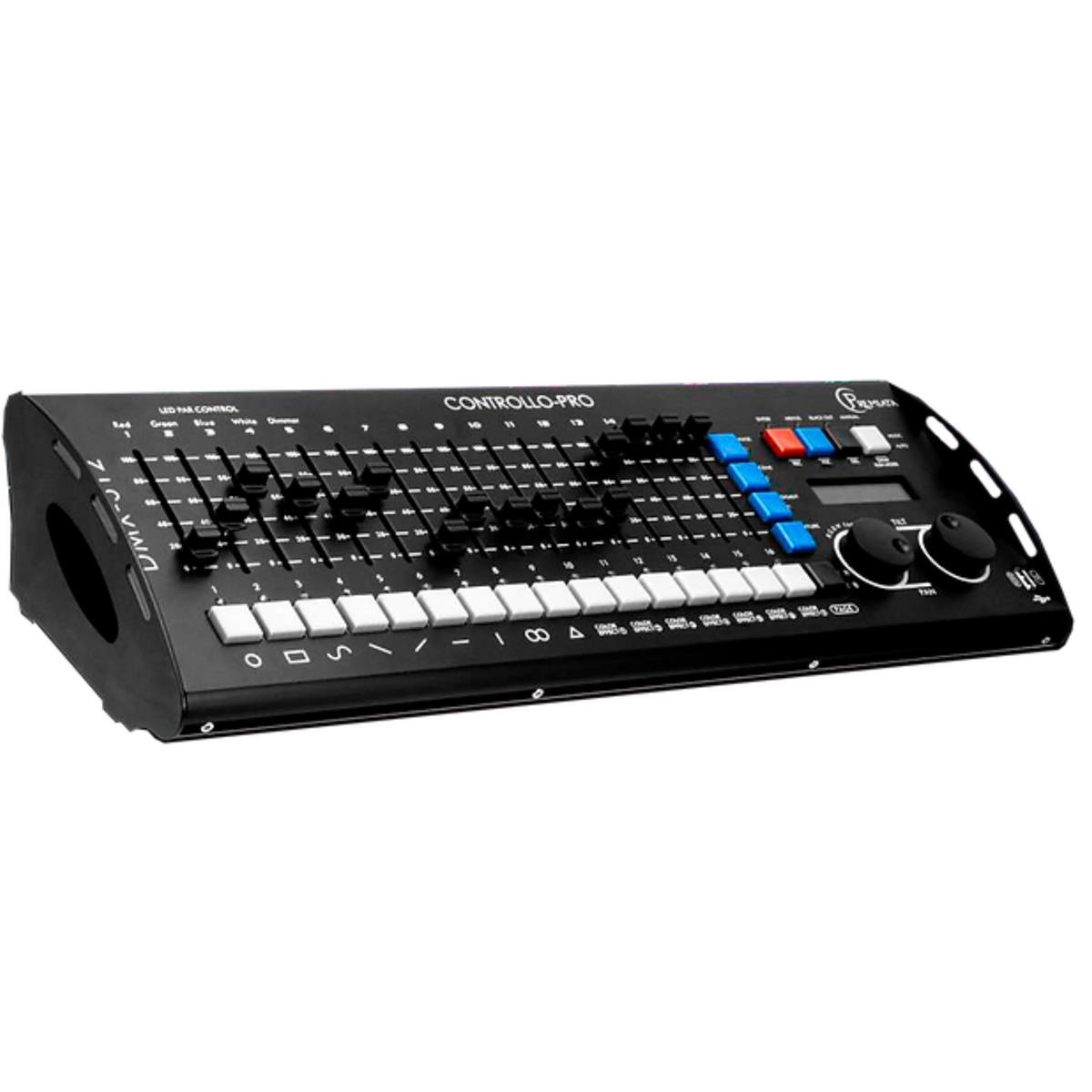 Controlador Profesional
Gestiona hasta 512 Canales de Configuración DMX
32 Bancos Programables
Controles de Atenuación y Velocidad
Modos Manual, Automático, Audiorítmico
1 Universo
Blackout
Ajuste de Efectos de Color