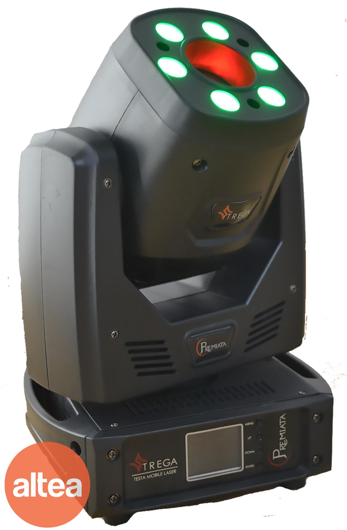Cabeza móvil laser /wash Laser grafico de 2 watts rgb wash de 6 LEDs de 10 watts rgbw Mas de 100 gráficos diferentes con figuras geométricas y animaciones Zoom, rotacion, pan, tilt, strobo, Dimmer. Funcionamiento, DMX, Auto, Audio, Maestro/Esclavo. 33 canales DMX