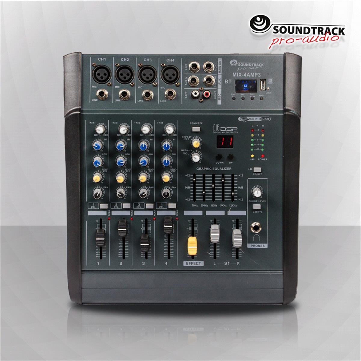 Mezcladora amplificada de 4 canales MIX-4AMP3

Reproductor USB/SD Card y Blue Tooth
150 Watts RMS por canal
Sistema phantom 48V
Ecualizador de 5 bandas
Led indicador de picos por canal
1 Aux. SEND
Efectos digitales (16DSP)
Salidas separadas de Master
Pantalla digital
Control Remoto