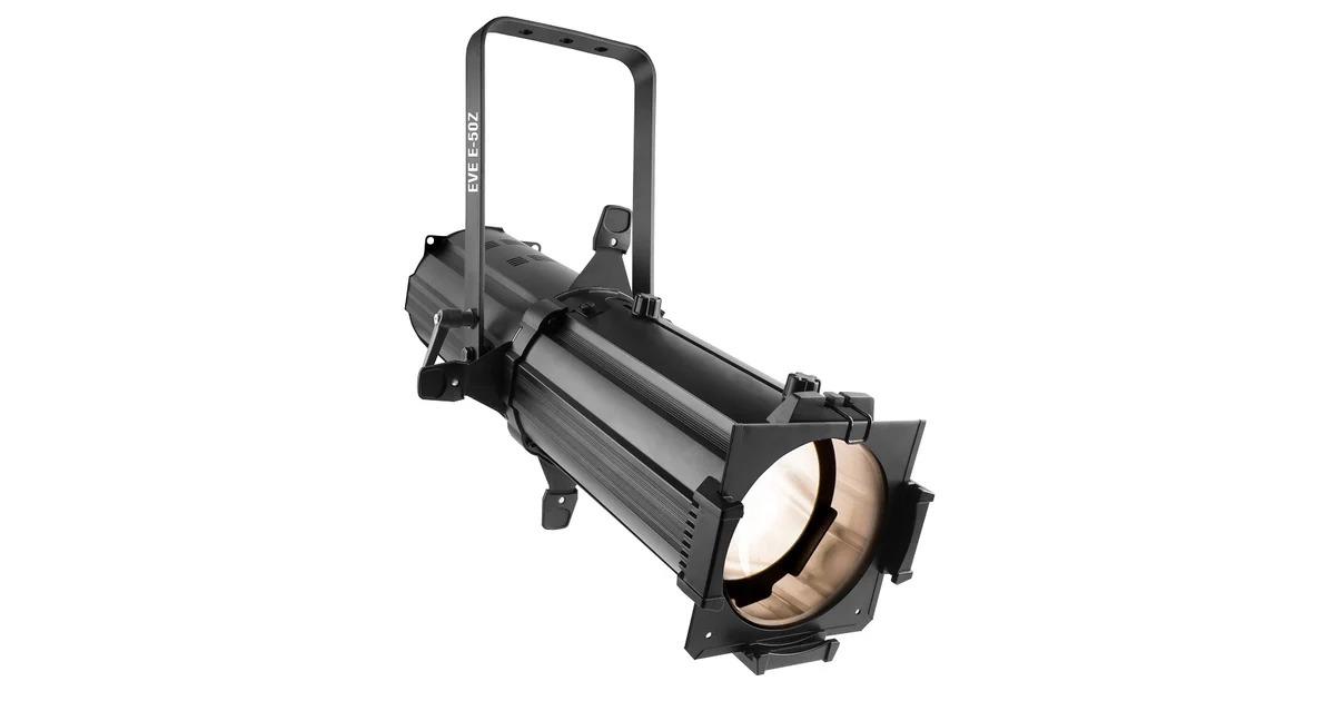 Es una luminaria tipo elipsoidal compacta que proyecta patrones nítidos de luz blanca cálida, con compatibilidad D-Fi™ USB para el control inalámbrico en modo maestro/esclavo o mediante DMX. El ajuste manual de zoom y las cortadoras, facilitan el control y modelado del haz de luz proyectado a cualquier distancia. El EVE E-50Z incluye soporte para gobos metálicos o de cristal, y filtros de color, y puede operar de modo autónomo sin necesidad de controladores DMX. Conectando la alimentación de varias unidades en cadena, se ahorra tiempo y extensiones en su instalación.