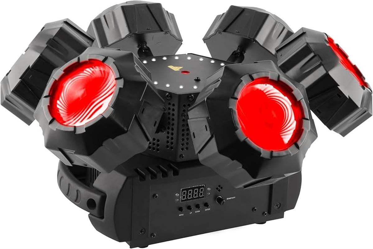Multiefecto que incluye haces de luz RGBW ajustables, un círculo de estrobos SMD, y un láser rojo/verde, todo sobre una base rotatoria

Rotación continua que crea inigualables y asombrosos efectos

Estrechos y penetrantes haces de luz RGBW que proyectan espectaculares efectos aéreos

Consigue una máxima cobertura posicionando cada uno de los 6 haces de luz RGBW de modo independiente

Láser rojo/verde con rotación que lanza miles de rayos para cubrir zonas extensas

Control flexible mediante programas automáticos, audiorítmicos, en modo Maestro/Esclavo, por DMX o con el control opcional IRC-6

Ahorro de cables y tiempo de instalación conectando en cadena la alimentación de varias unidades