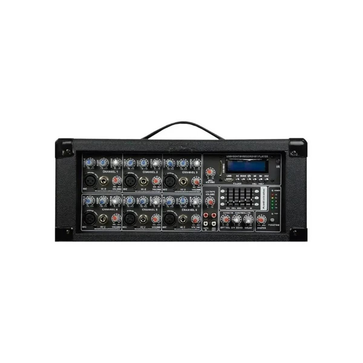 ESPECIFICACIONES:

Consola Amplificada 6 canales Bluetooth
Bluetooth alcance hasta 30m
Entradas USB/SD/LCD player
Ecualizador 5 bandas
Potencia máxima 2,500Watts P.M.P.O
6 canales de entrada
Entrada de alta impedancia
Entrada para conectar 2 bafles pasivos
Salida master 150W RMS 4ohms
Control de tono en cada canal y control de efecto
Control de volumen master