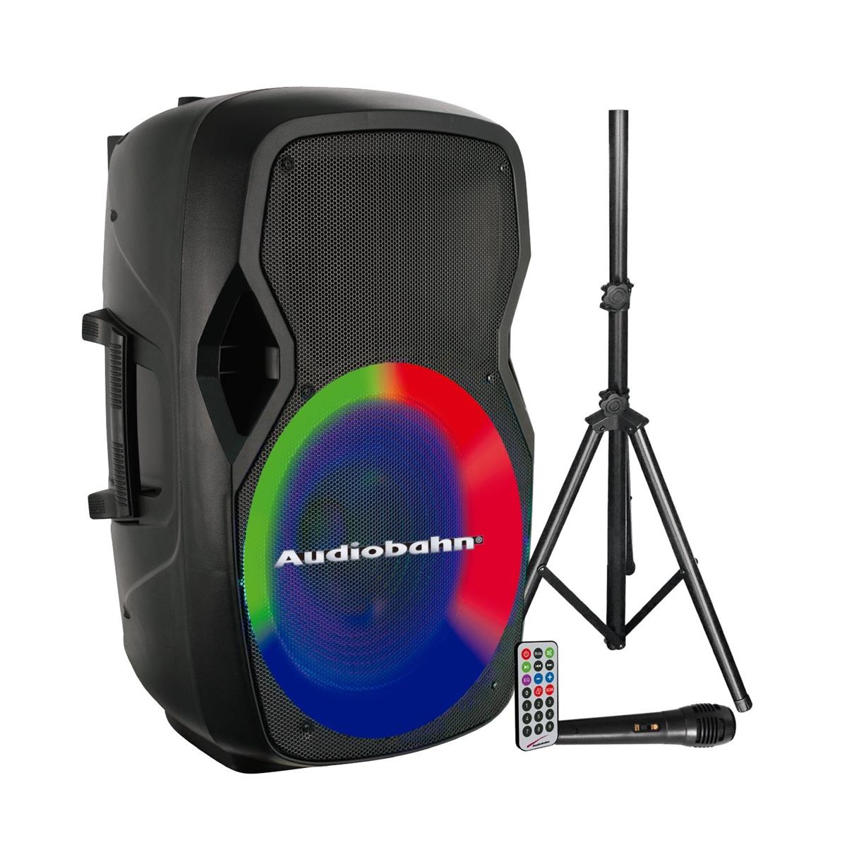 Bafle recargable de 15 pulgadas profesional con iluminación RGB
30,000W PMPO
Con aro de iluminación RGB
Incluye pedestal, micrófono, cable para micrófono, control remoto, eliminador de carga y manual de usuario